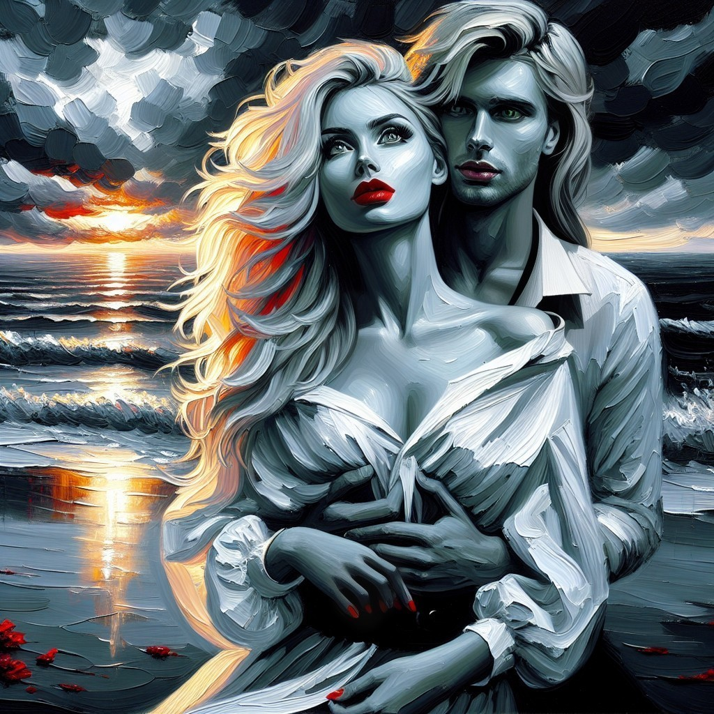 Couple Against Dramatic Seascape at Sunset