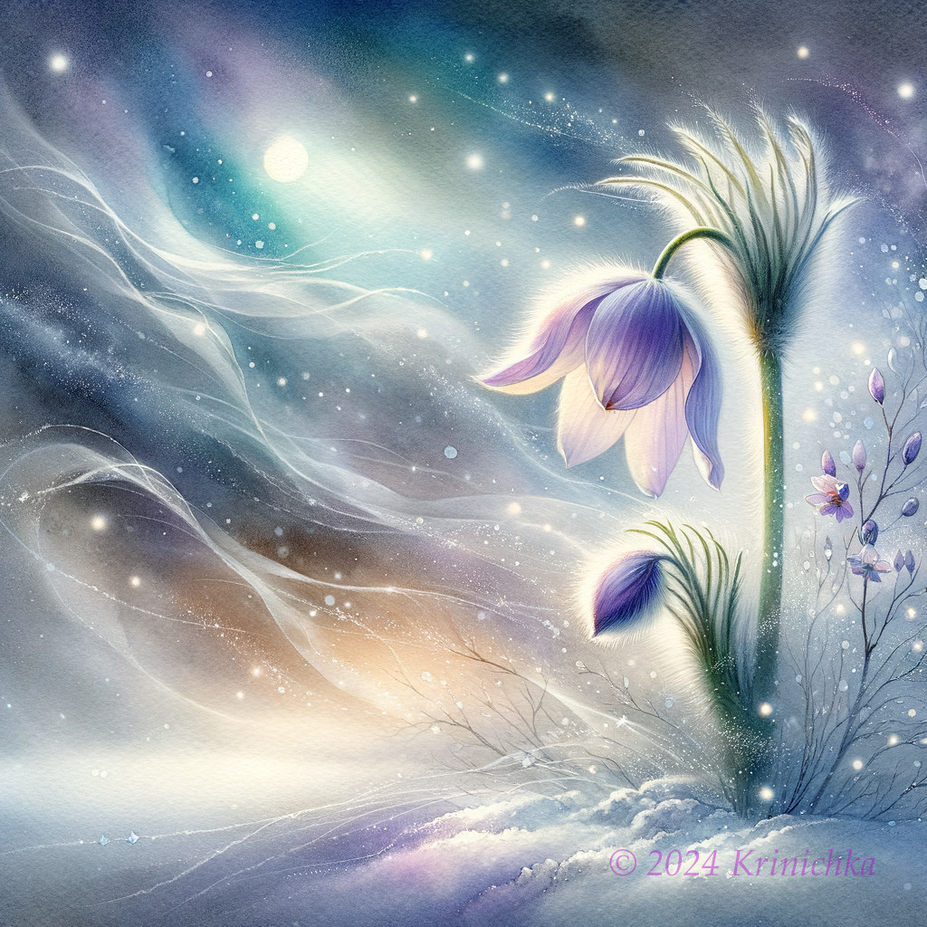 Whimsical Purple Flower Illustration in Snowy Scene