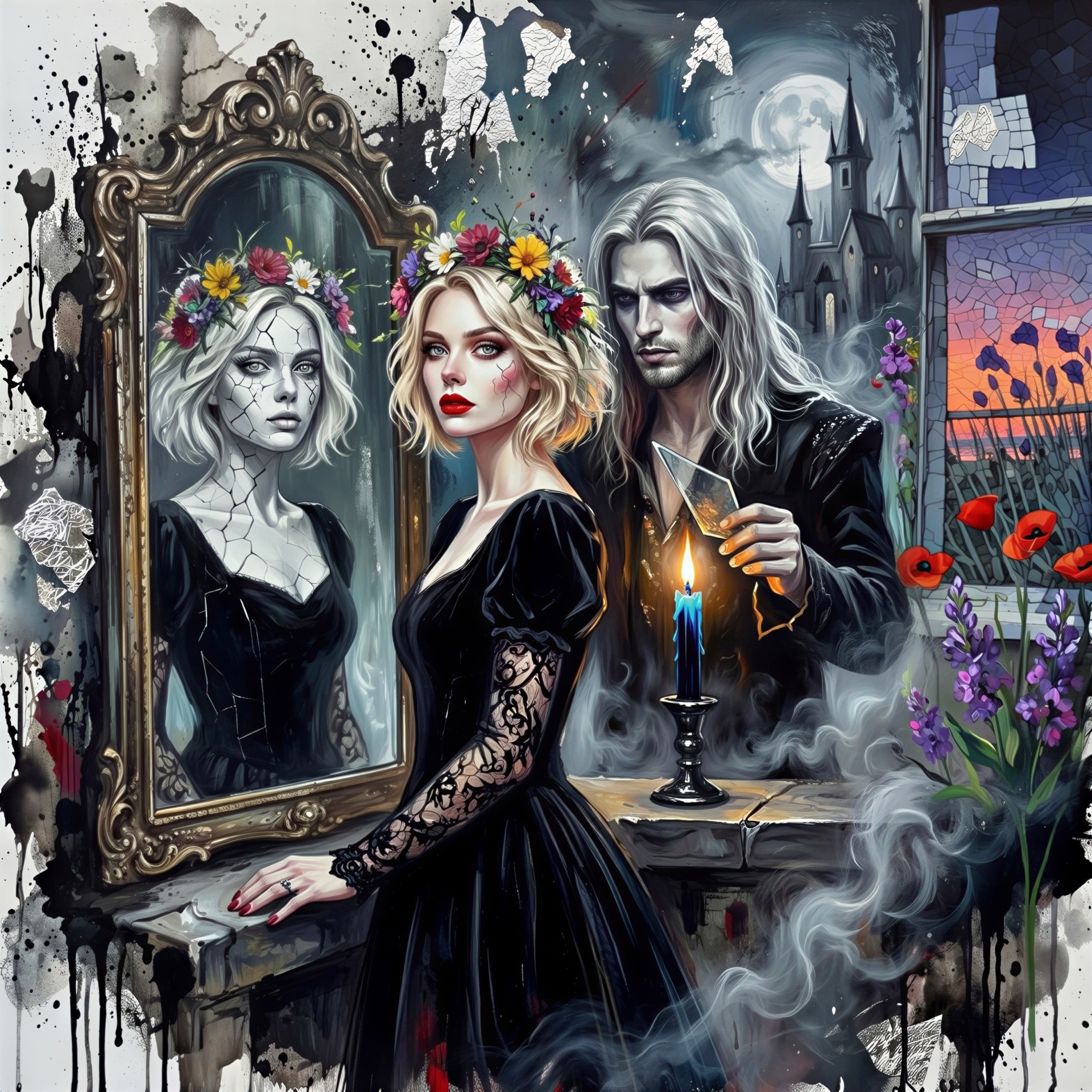 Surrealist digital painting of a woman before a mirror