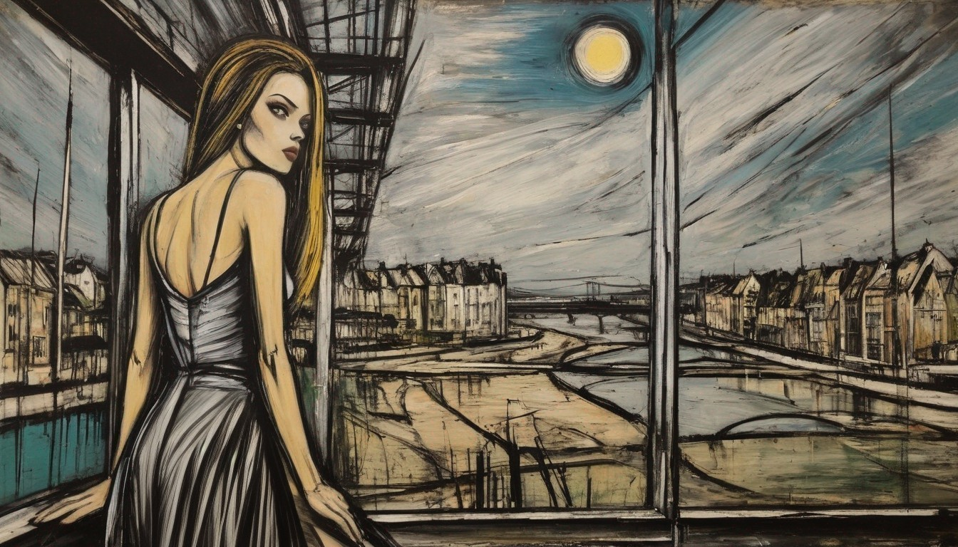 Woman in Dress Gazing Out Window at Vibrant Landscape