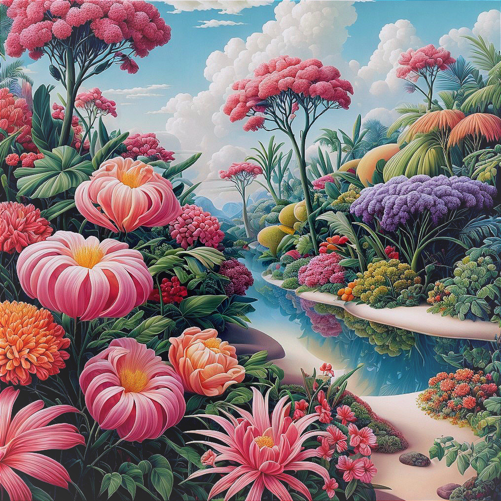 Colorful Oversized Flowers and Trees in Surreal Landscape