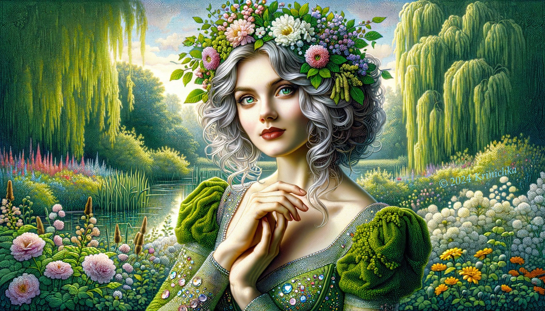 Fantasy Illustration of Woman in Lush Garden Setting