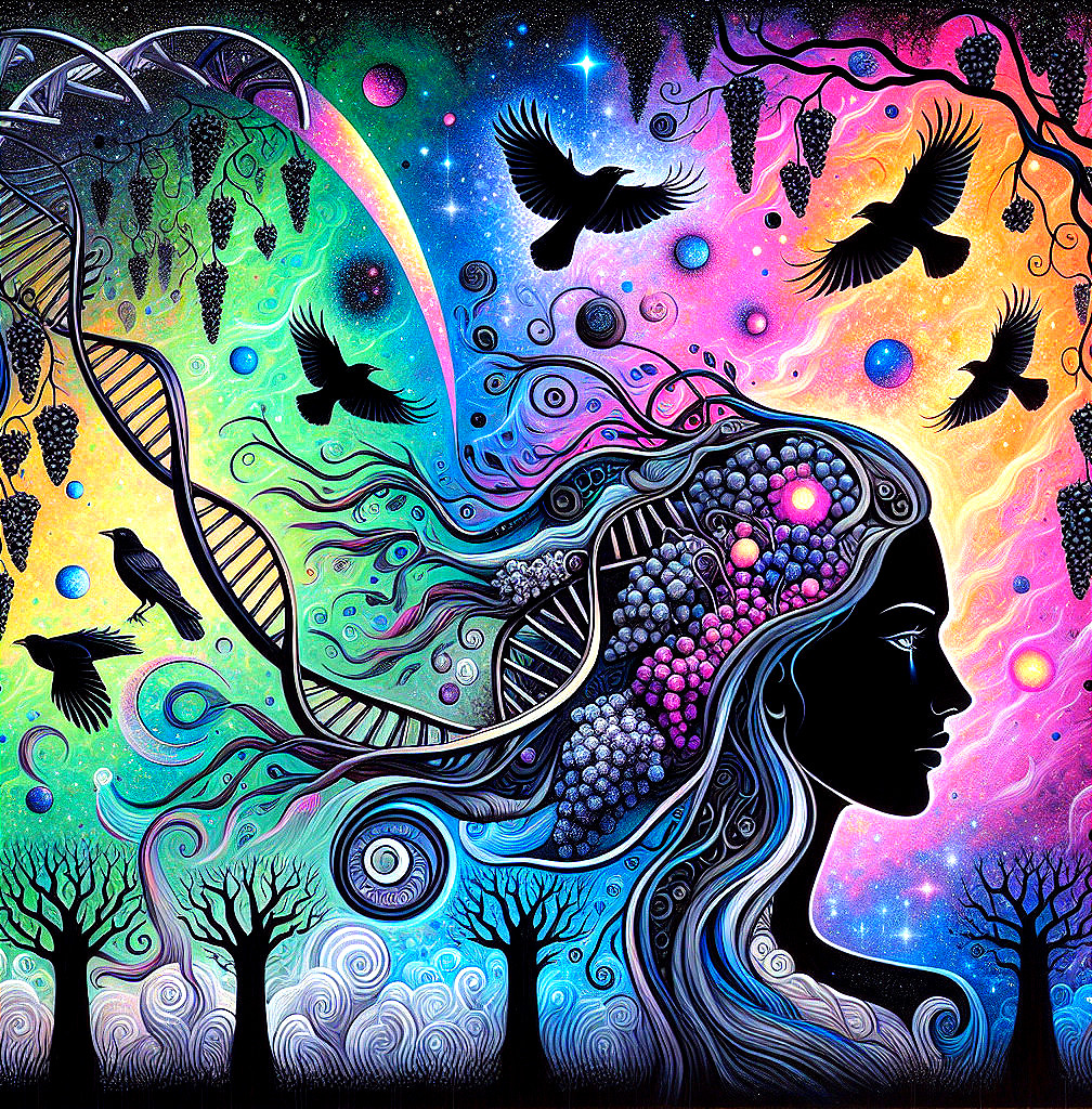 Psychedelic Scene with DNA Strands and Cosmic Elements