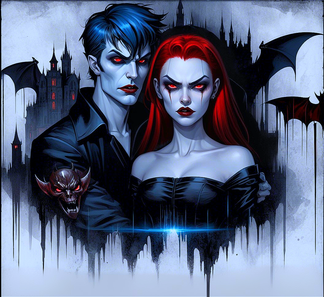 Gothic Scene with Vampires and Shadowy Castle
