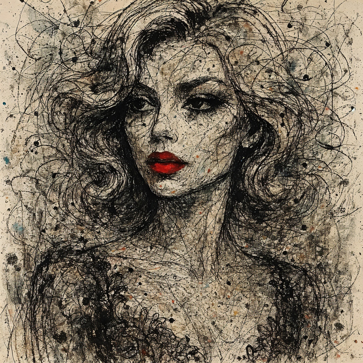 Portrait of a Woman with Wavy Hair and Bold Lips