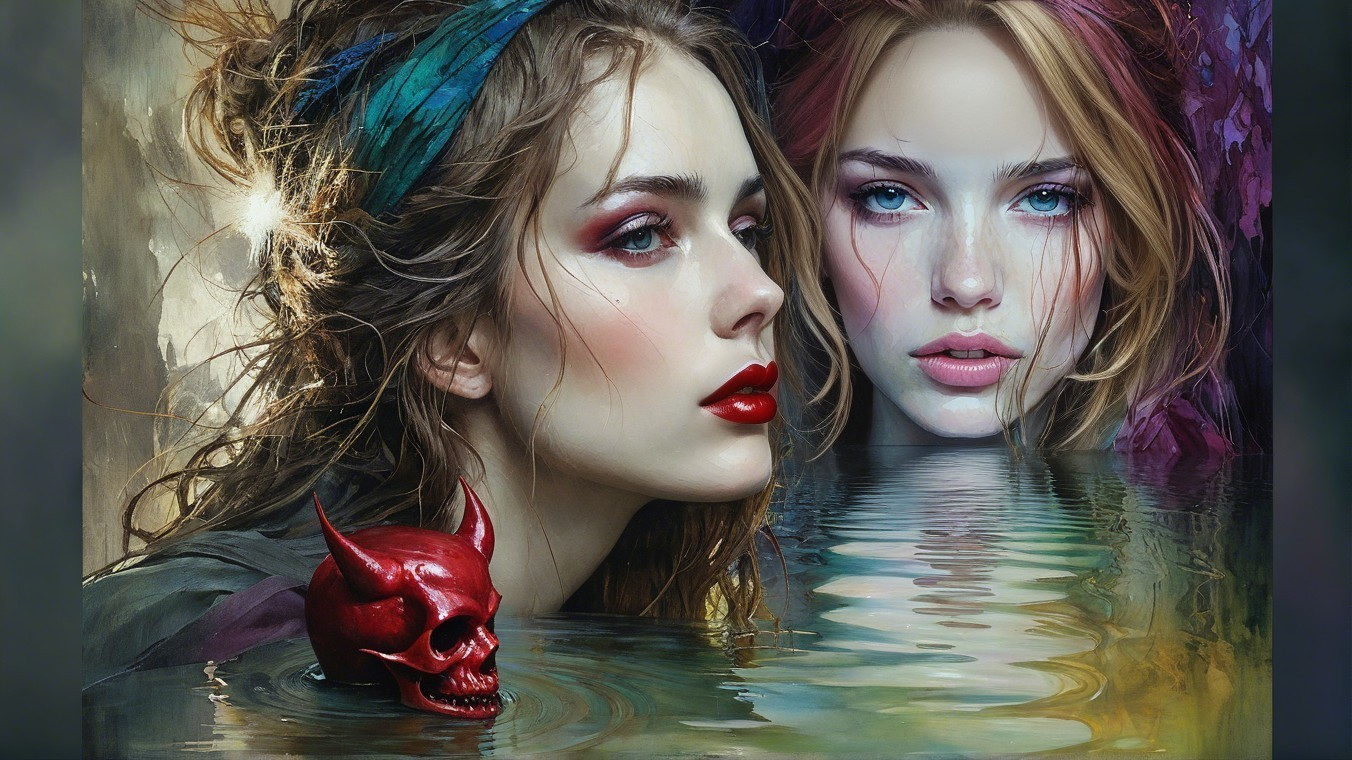 Ethereal Women by Tranquil Waters with Red Skull