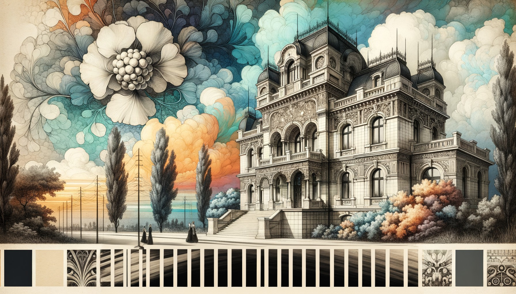 Intricately Designed Mansion with Vibrant Sky and Trees
