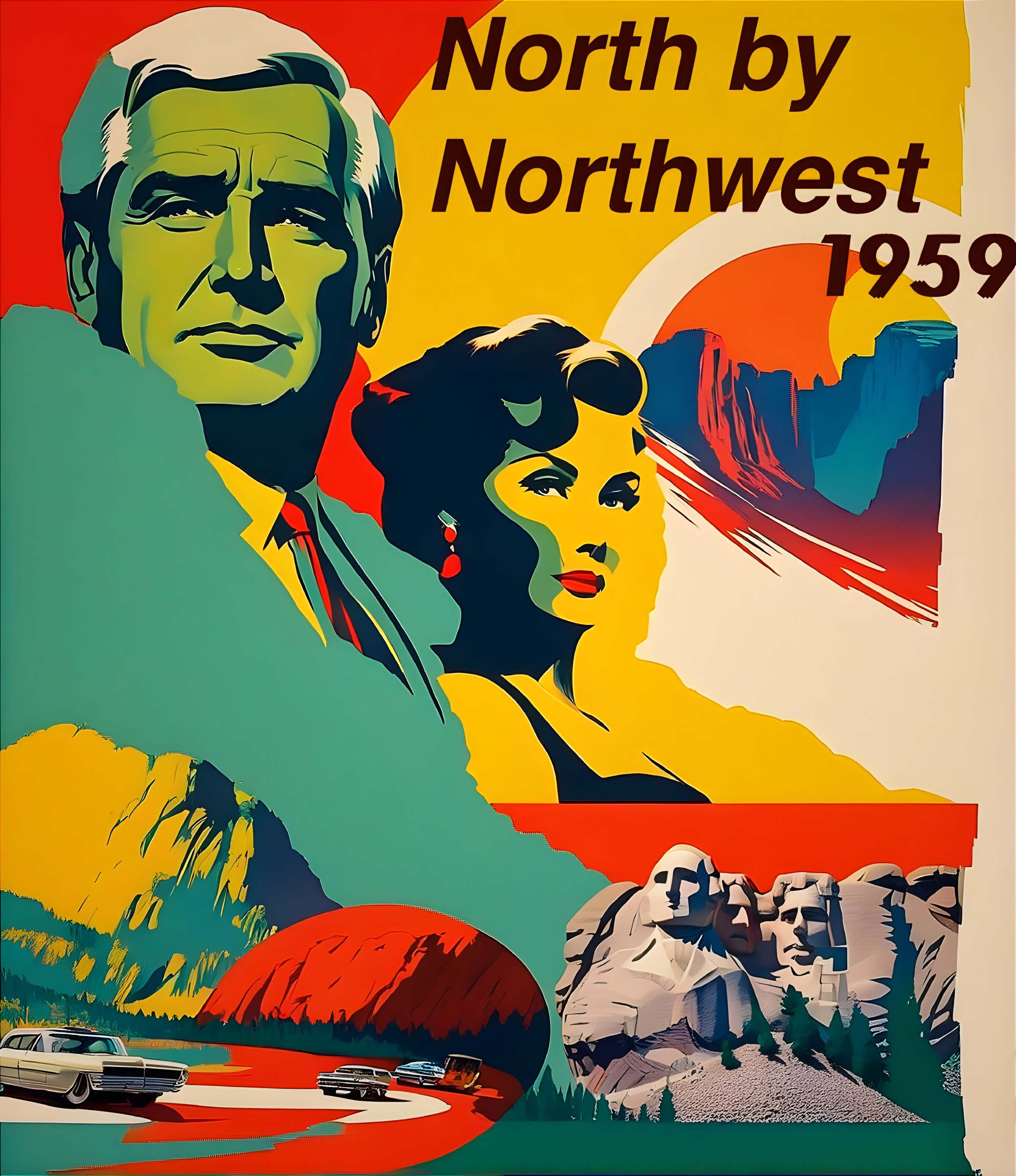 1959 film vintage poster with man, woman, train, car, and rock formations