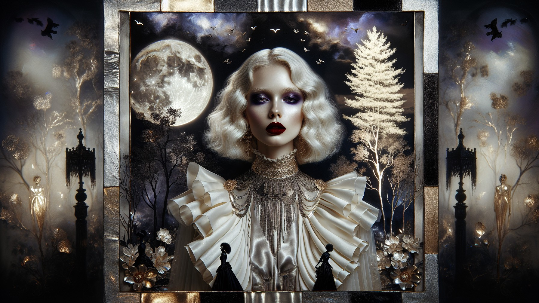 Striking Woman in Ruffled Gown Against Nighttime Landscape