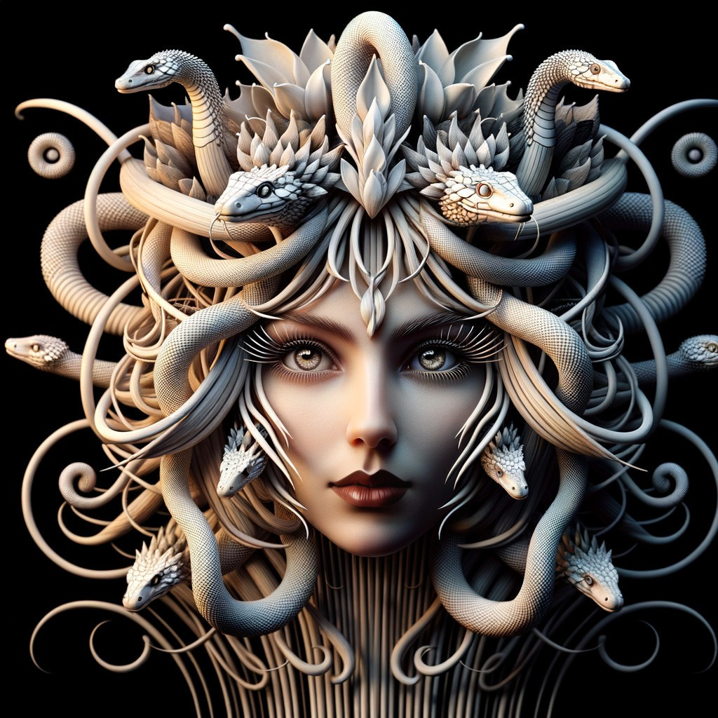 Stylized portrait of a woman with snake hair design