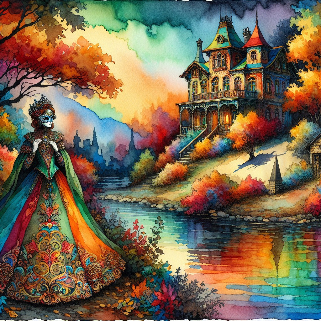Whimsical Woman by Autumn Lake with Grand Mansion