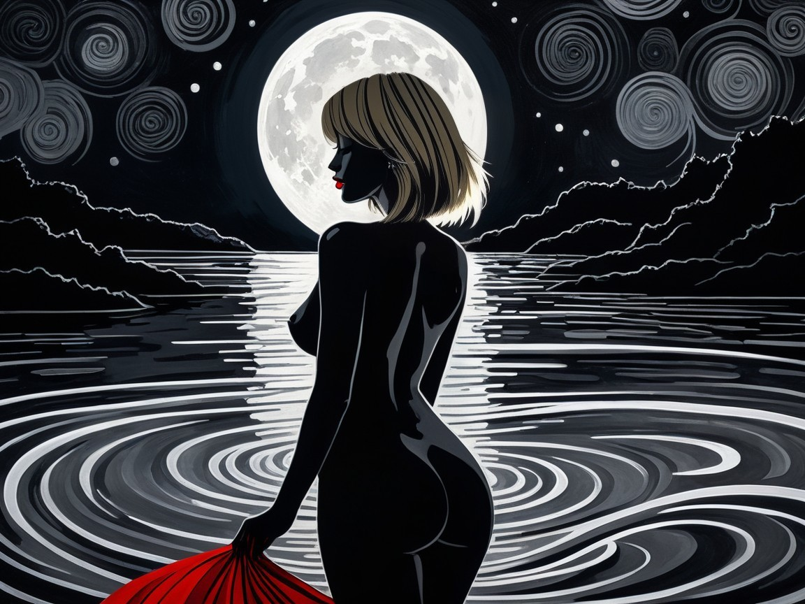 Neo-noir illustration of a woman in a dark lake