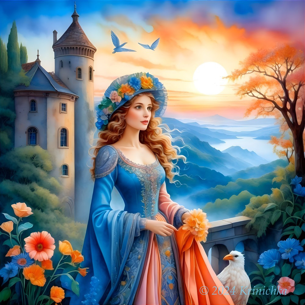 Illustration of a woman in medieval dress by a castle