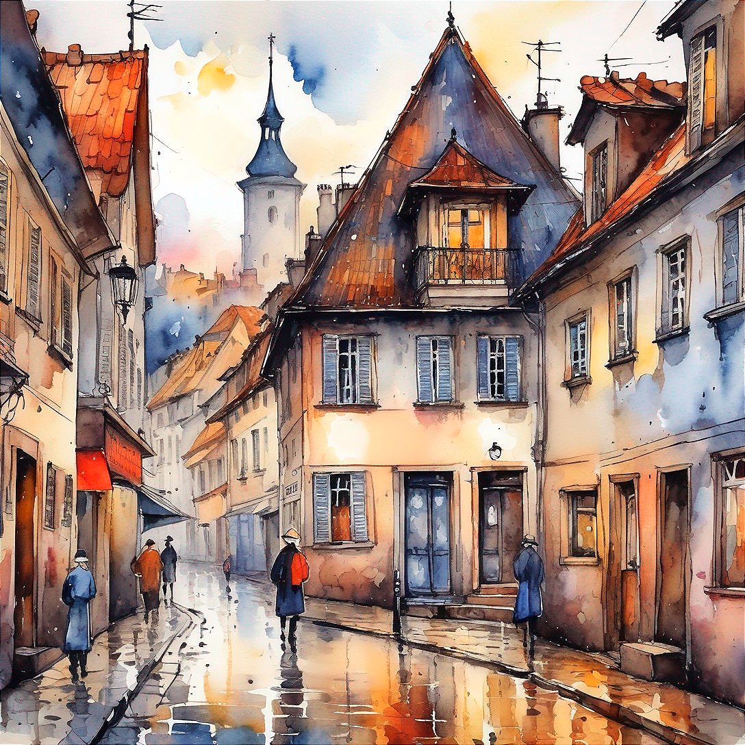 Quaint Village Street Scene with Colorful Houses