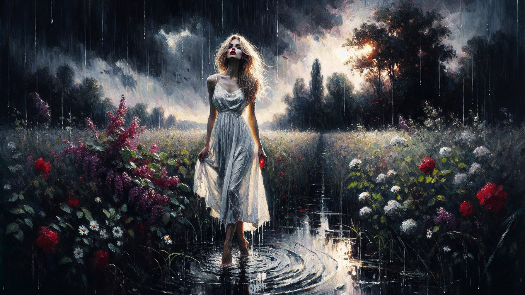 Lone figure in white dress amidst flowers and water