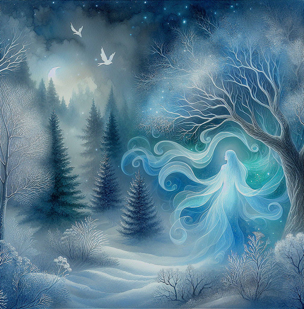 Winter Landscape with Ghostly Figure in Snowy Forest