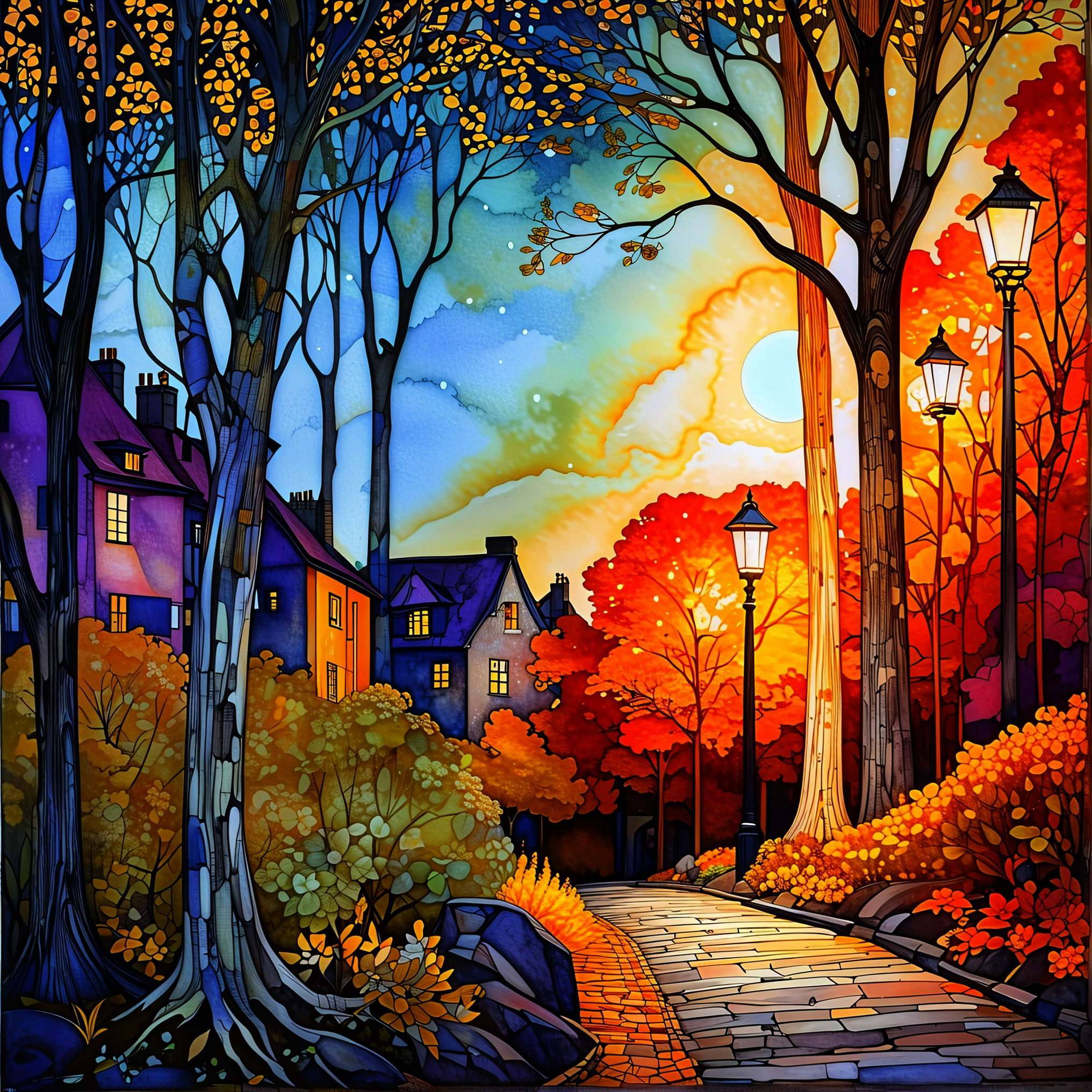 Autumn Park Pathway with Colorful Trees and Houses