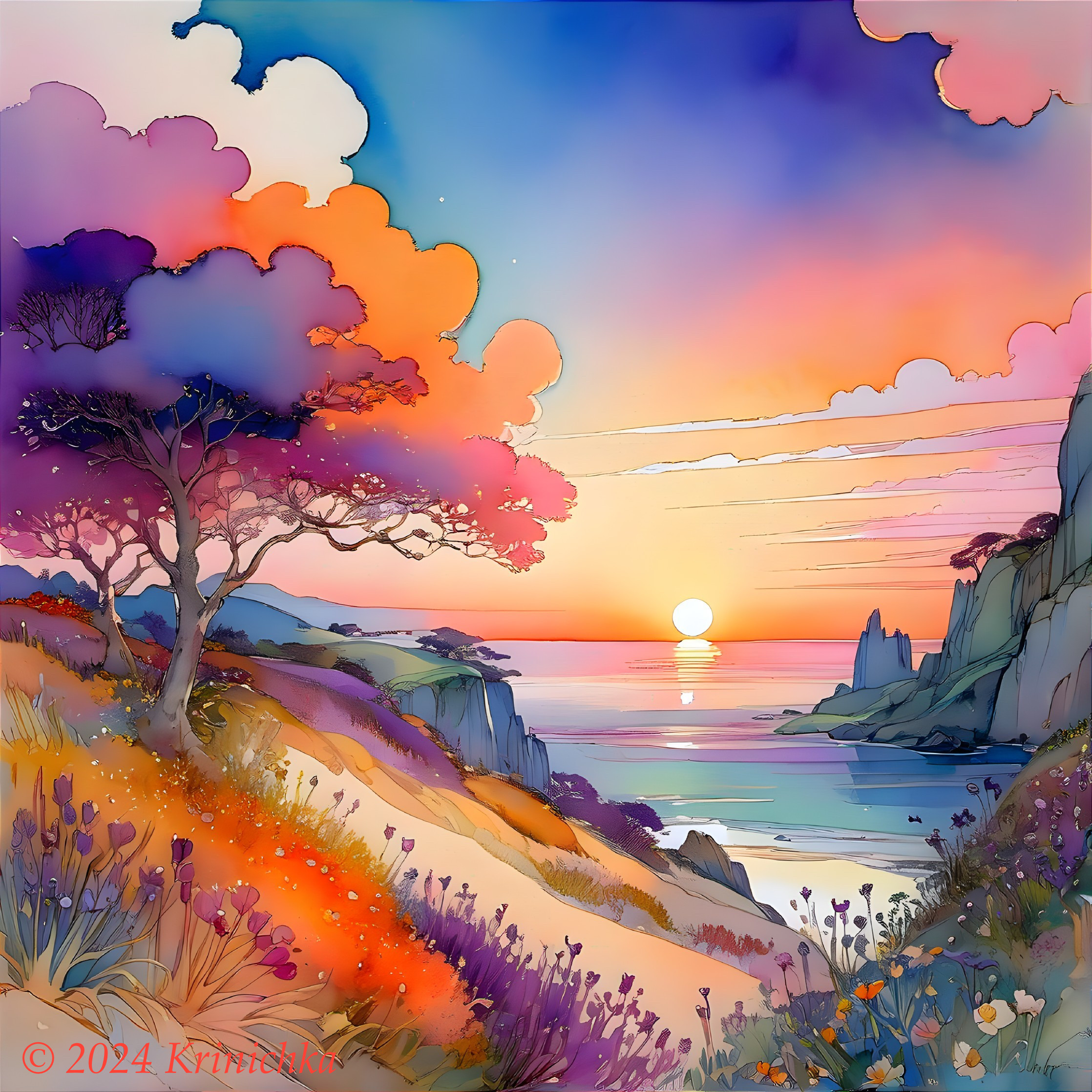 Colorful Sunset Landscape with Tree, Flowers, and Sea Cliff