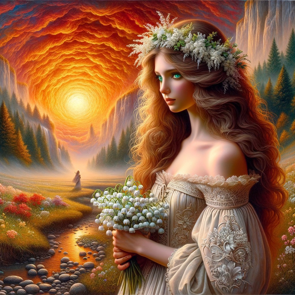 Serene Landscape with Woman and Sunset Over Stream