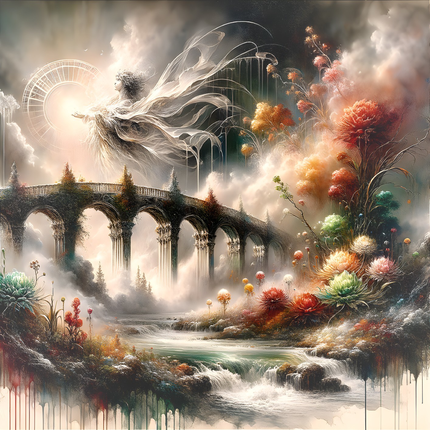 Ethereal figure above arched bridge in surreal landscape