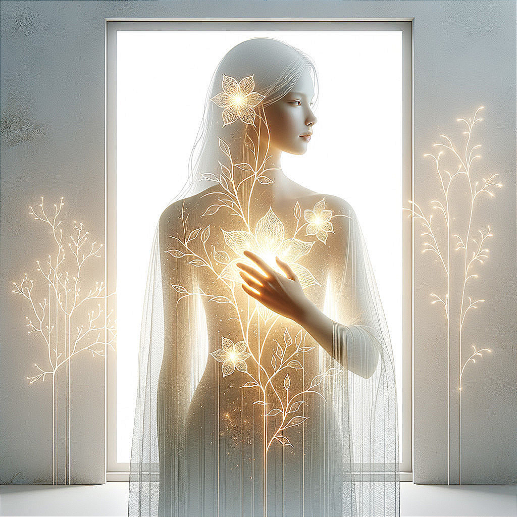Serene Figure in Translucent Garment by Glowing Window