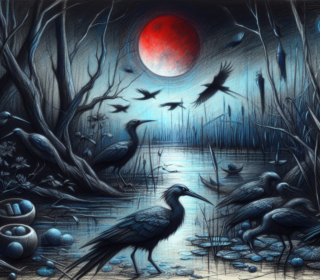 Dark Landscape with Reflective Water and Red Moon