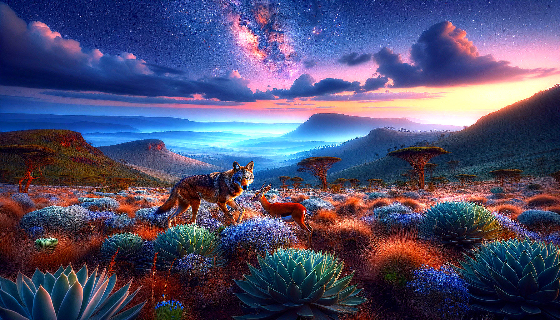 Alien Landscape with Wolf and Deer Under Starry Sky