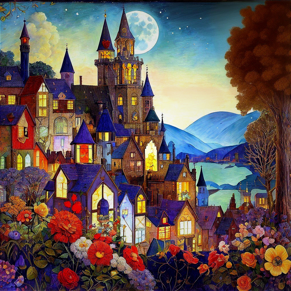 Colorful illustration: Whimsical village with castle-like buildings and moonlit sky