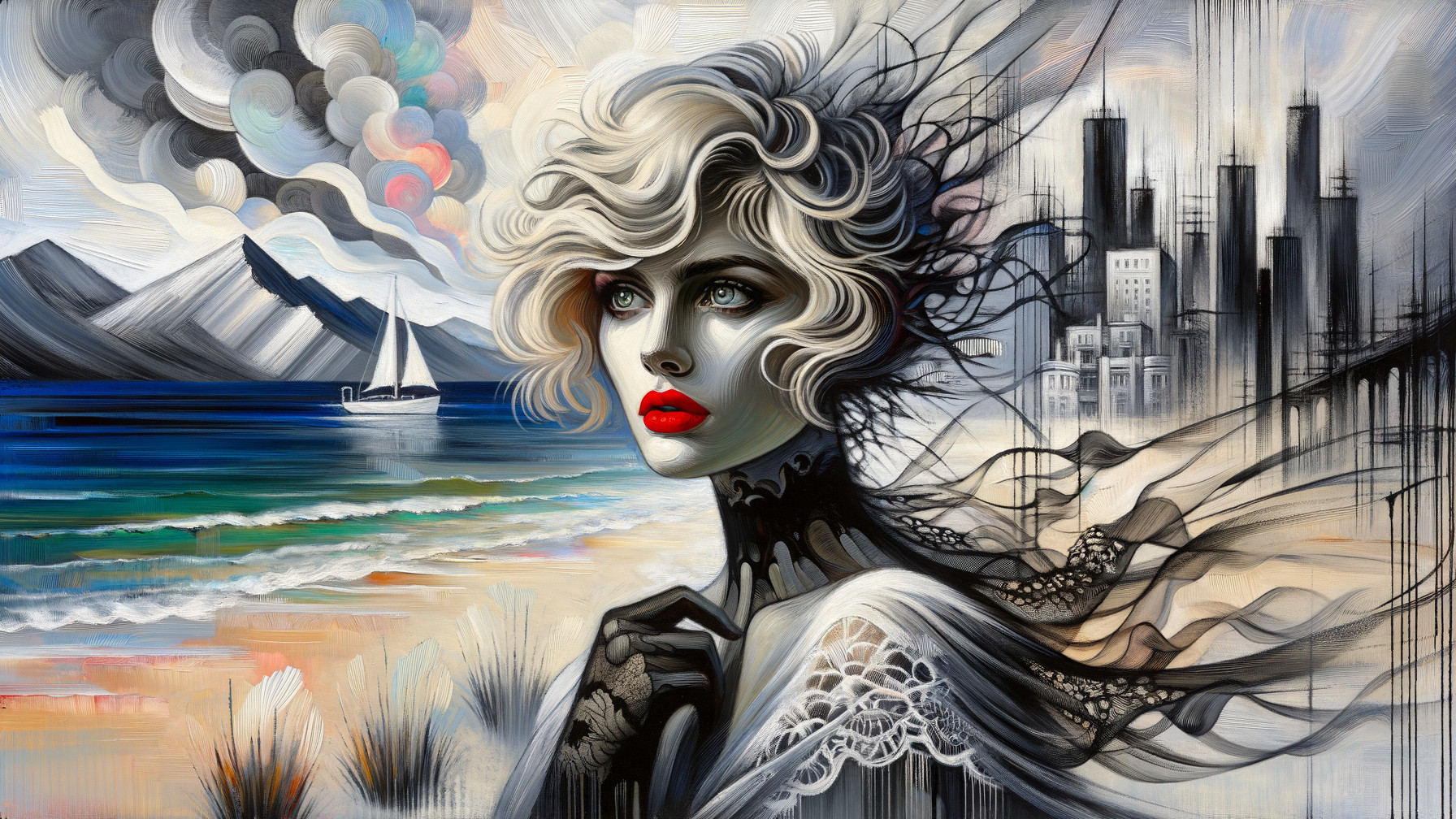 Female Figure with Blond Hair Against Dramatic Landscape