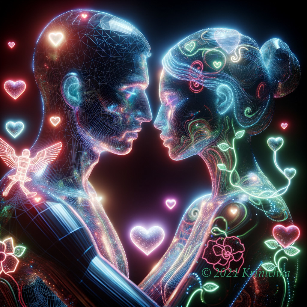 Digital Artwork of Wireframe Heads with Neon Elements