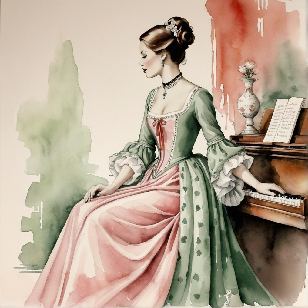 Vintage Dress Woman Beside Piano in Serene Setting