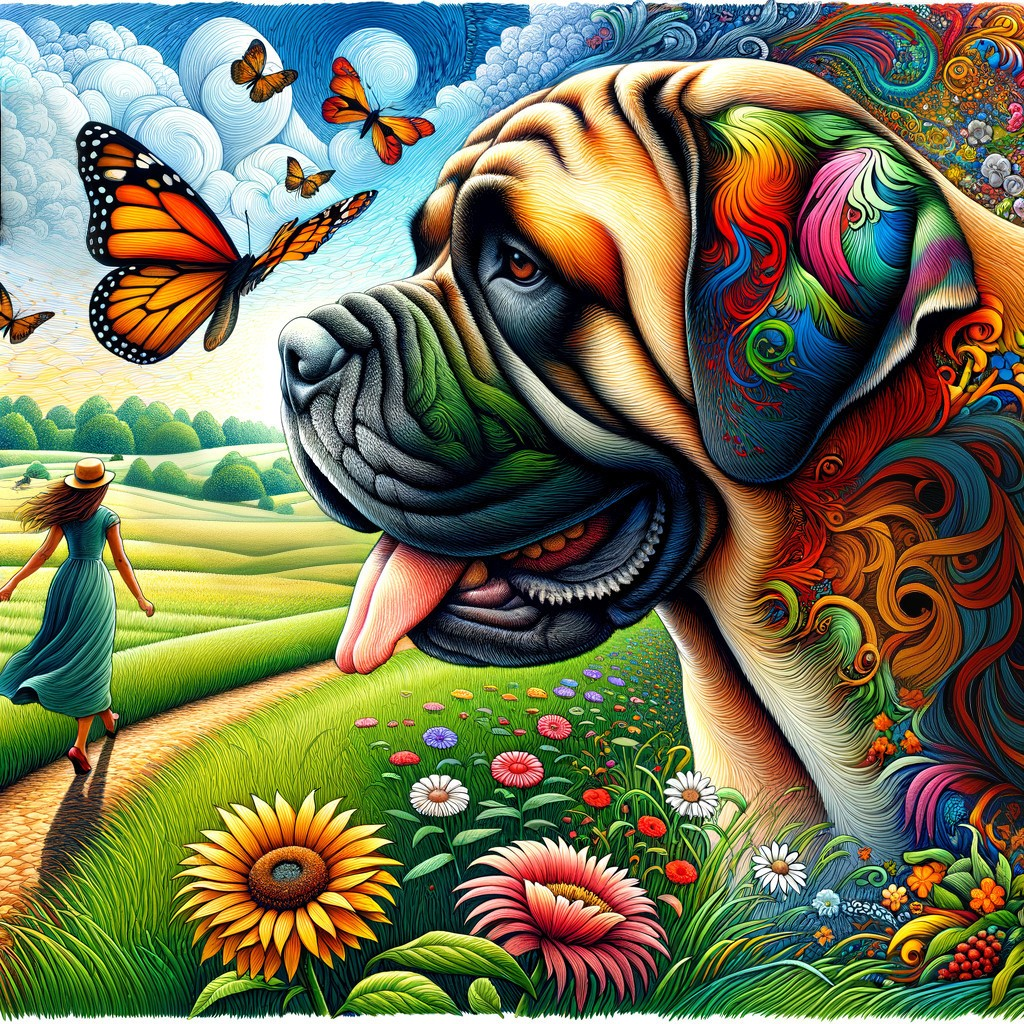 Surreal Landscape with Colorful Dog's Head and Woman