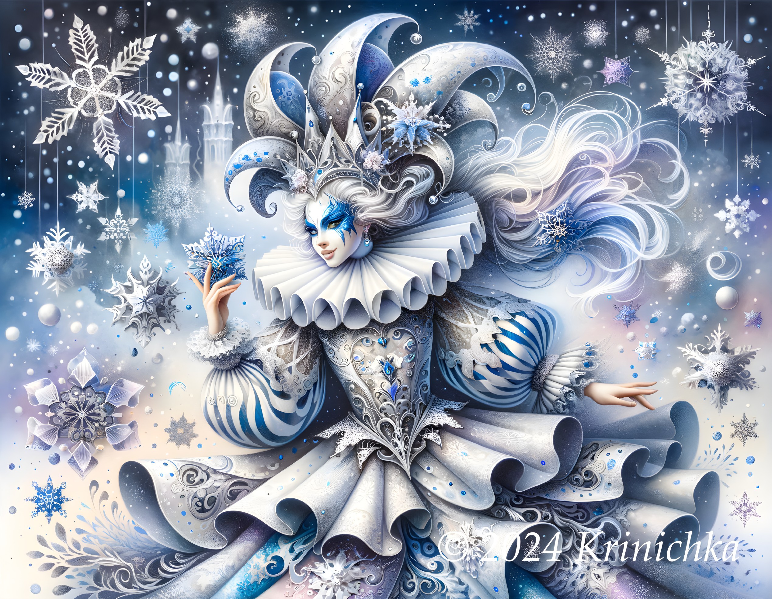 Fantasy illustration of feminine figure in snowflake attire in magical winter setting