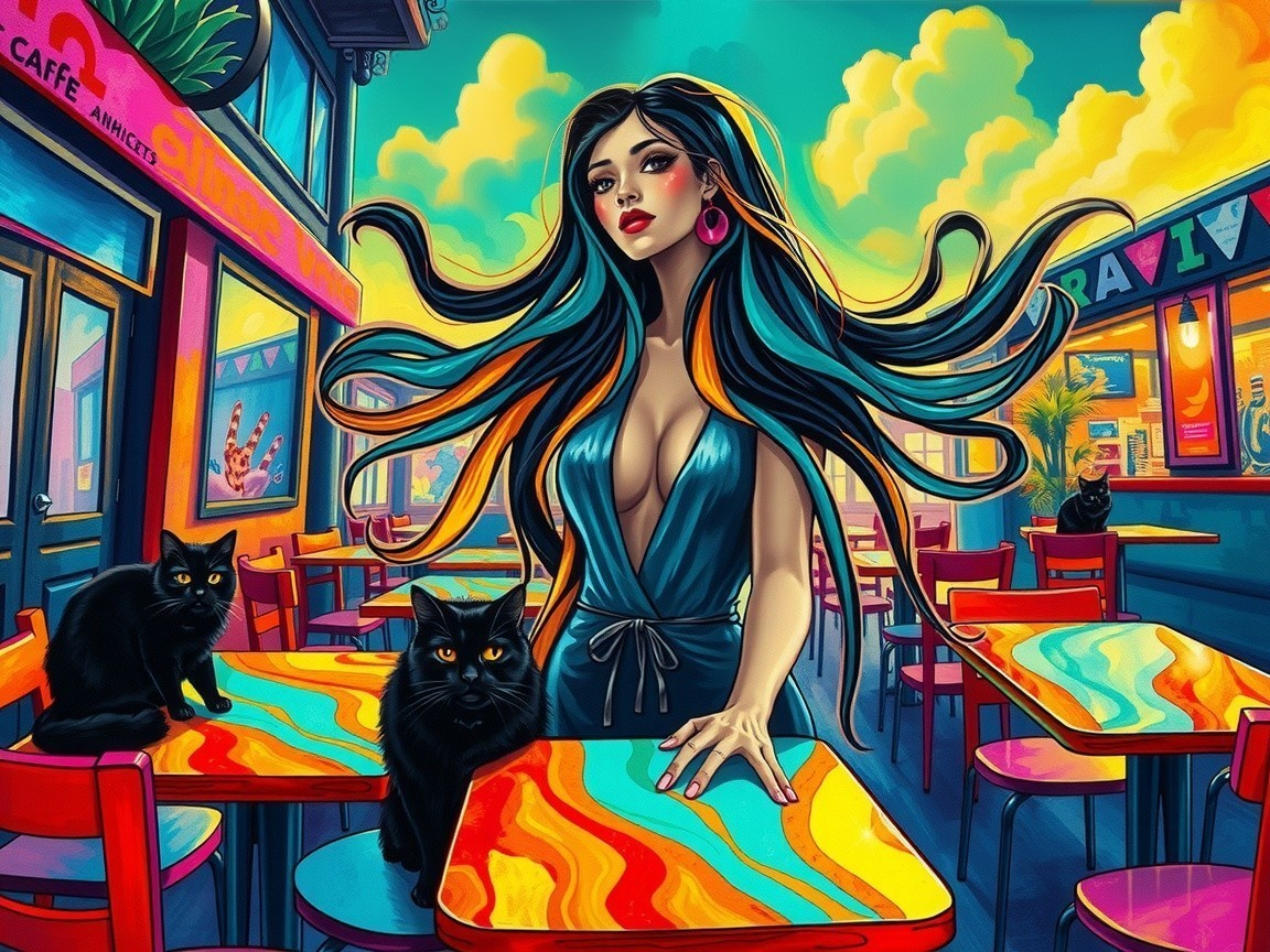 Vibrant Café Scene with Woman and Black Cats