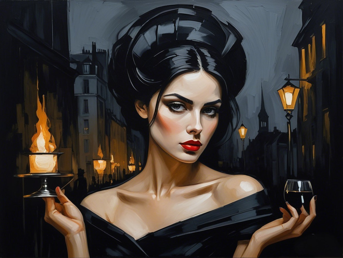 Elegant Woman with Dark Liquid in Moody Street Scene