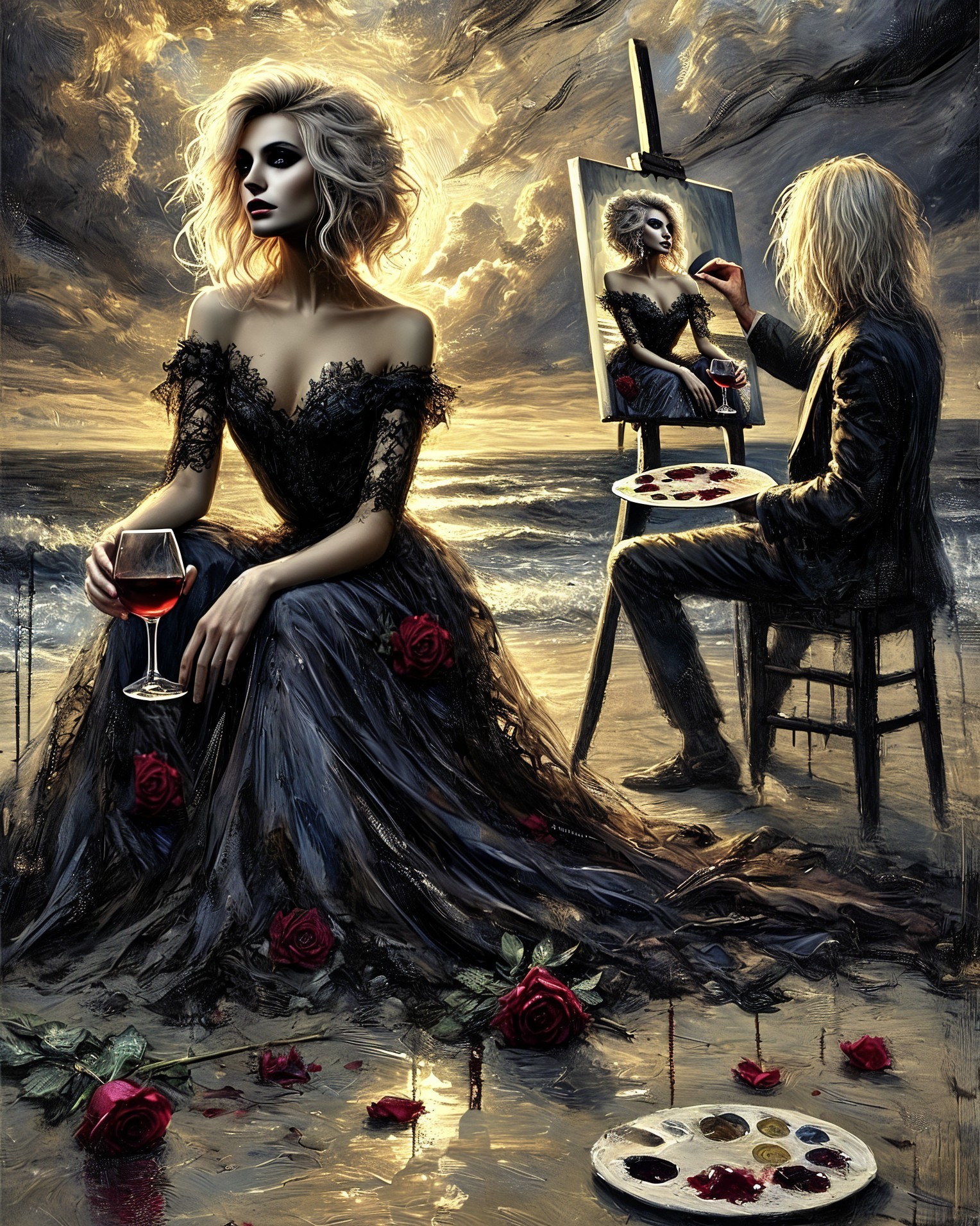 Elegant Woman Posing by Shoreline with Wine and Roses