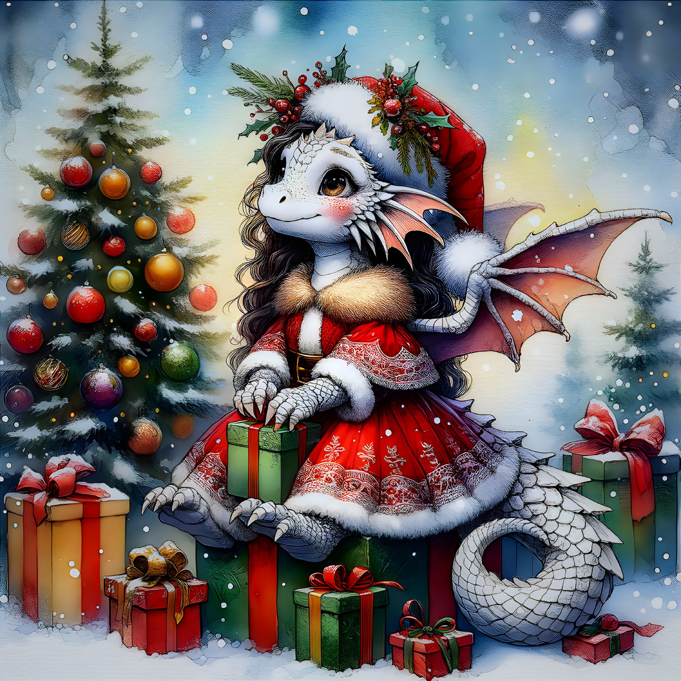 Anthropomorphic dragon in red holiday dress with presents by Christmas tree in snow