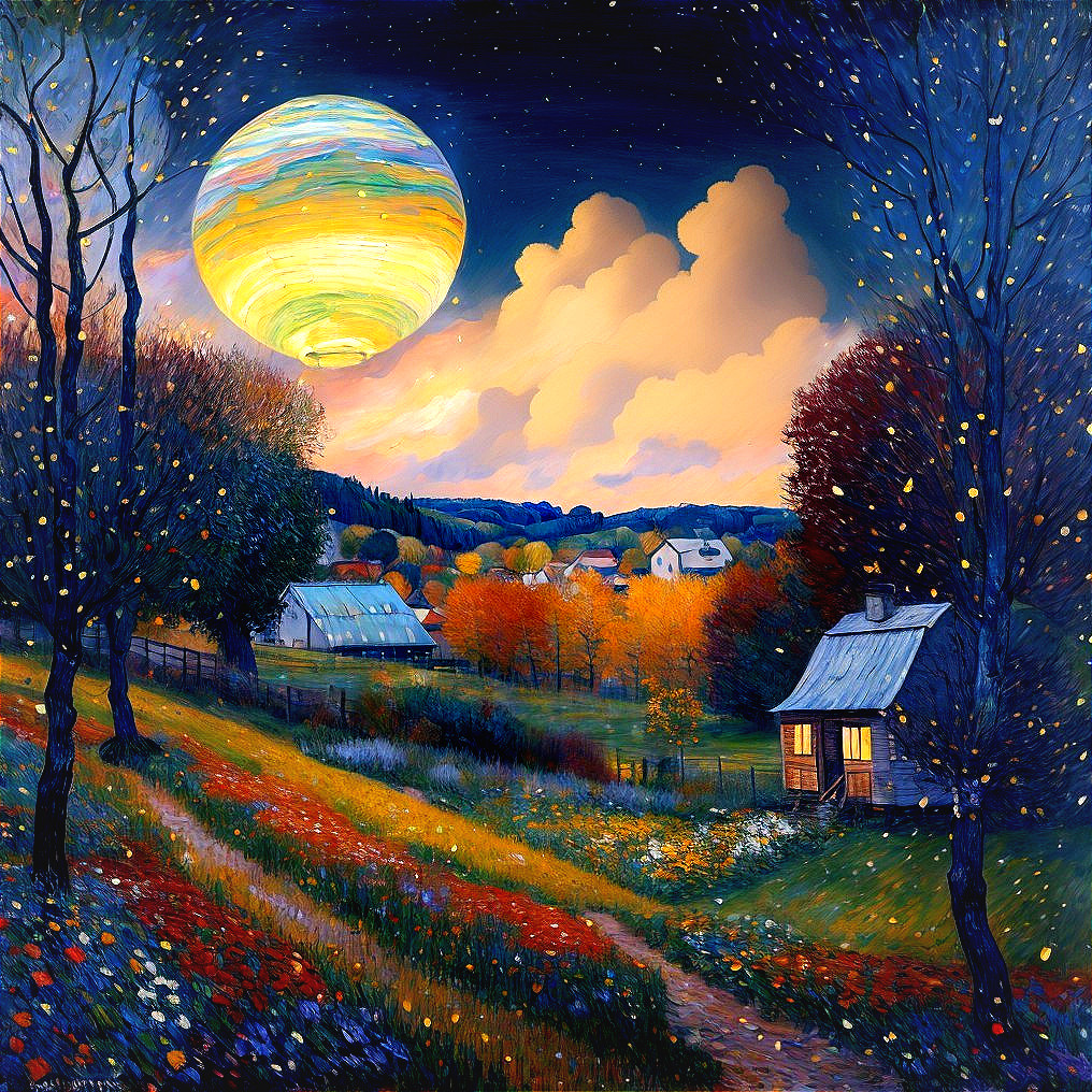 Twilight countryside painting with surreal moon over hillside