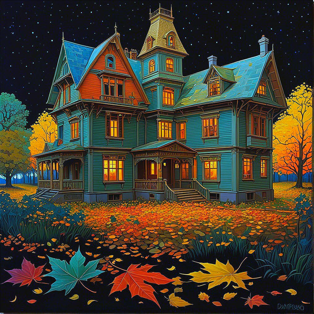 Victorian Mansion Under Starry Sky with Autumn Leaves