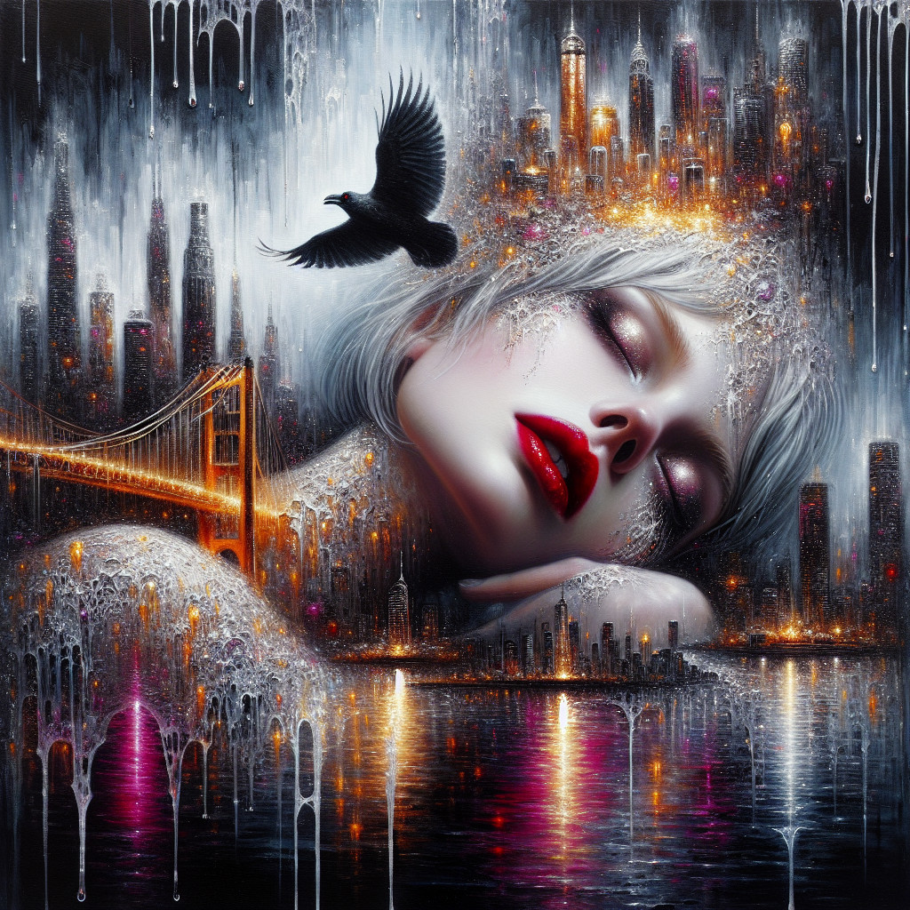 Serene Woman with Silver Hair and Dreamy Skyline