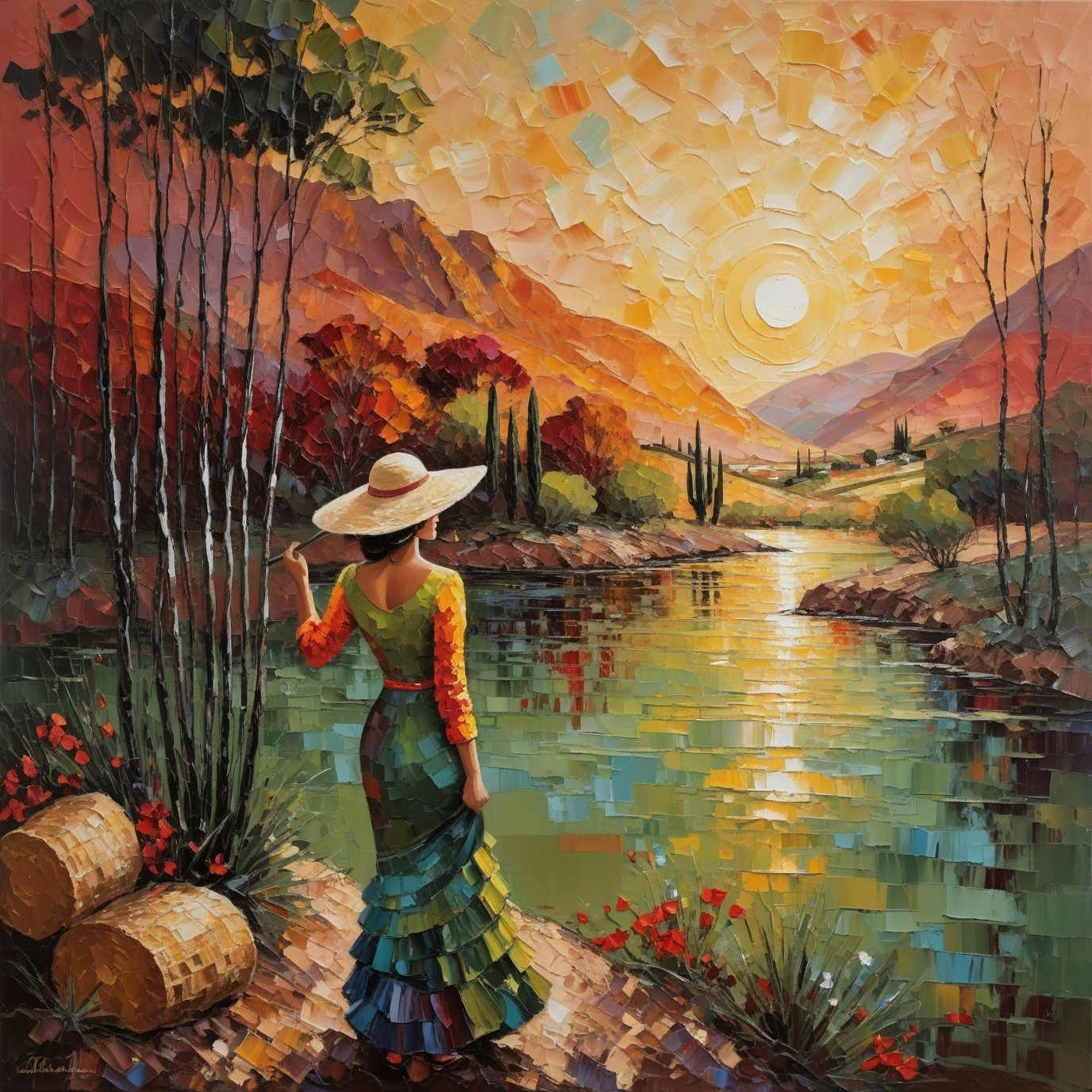 Serene Landscape at Sunset with Woman by River