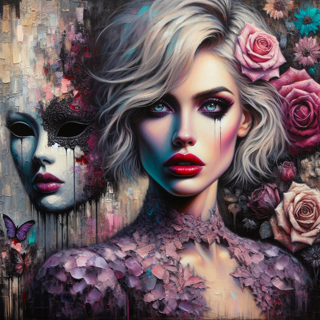 Striking Female Figure with Floral Elements and Mask