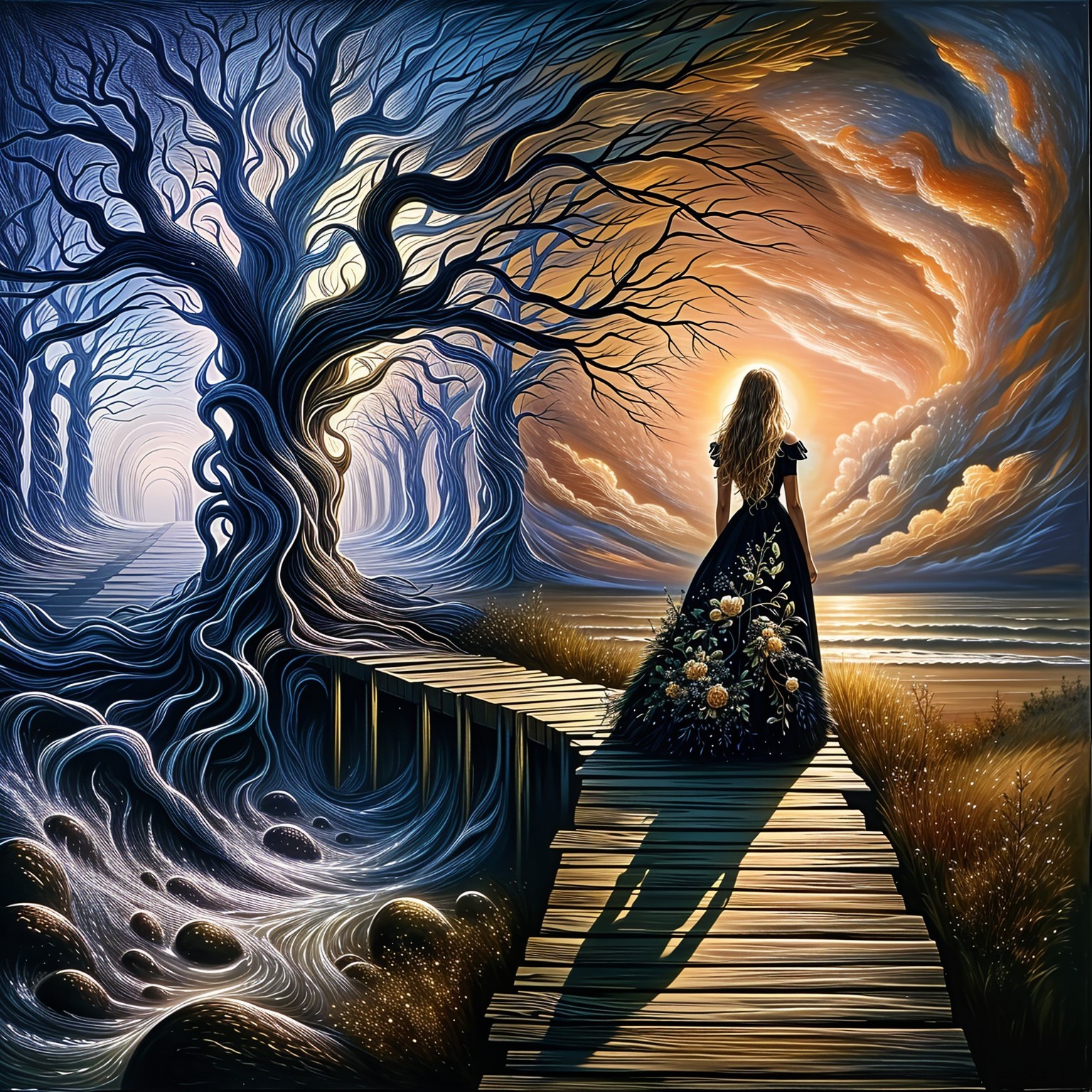 Surreal Landscape with Woman in Floral Gown