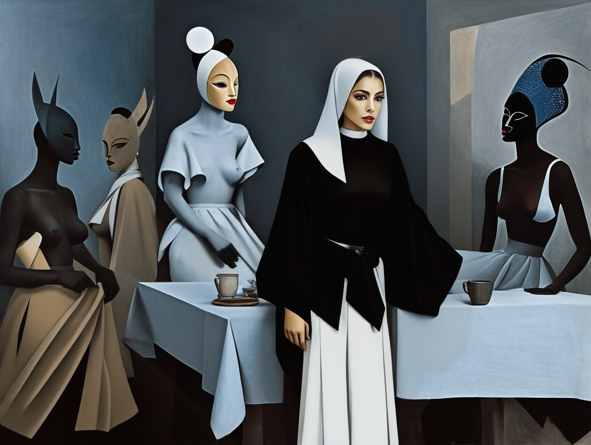 Five women with unique headpieces in modern surreal café setting