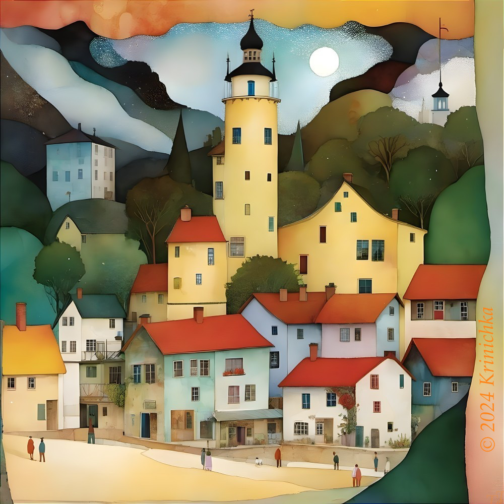 Whimsical Coastal Village with Colorful Houses and Moon