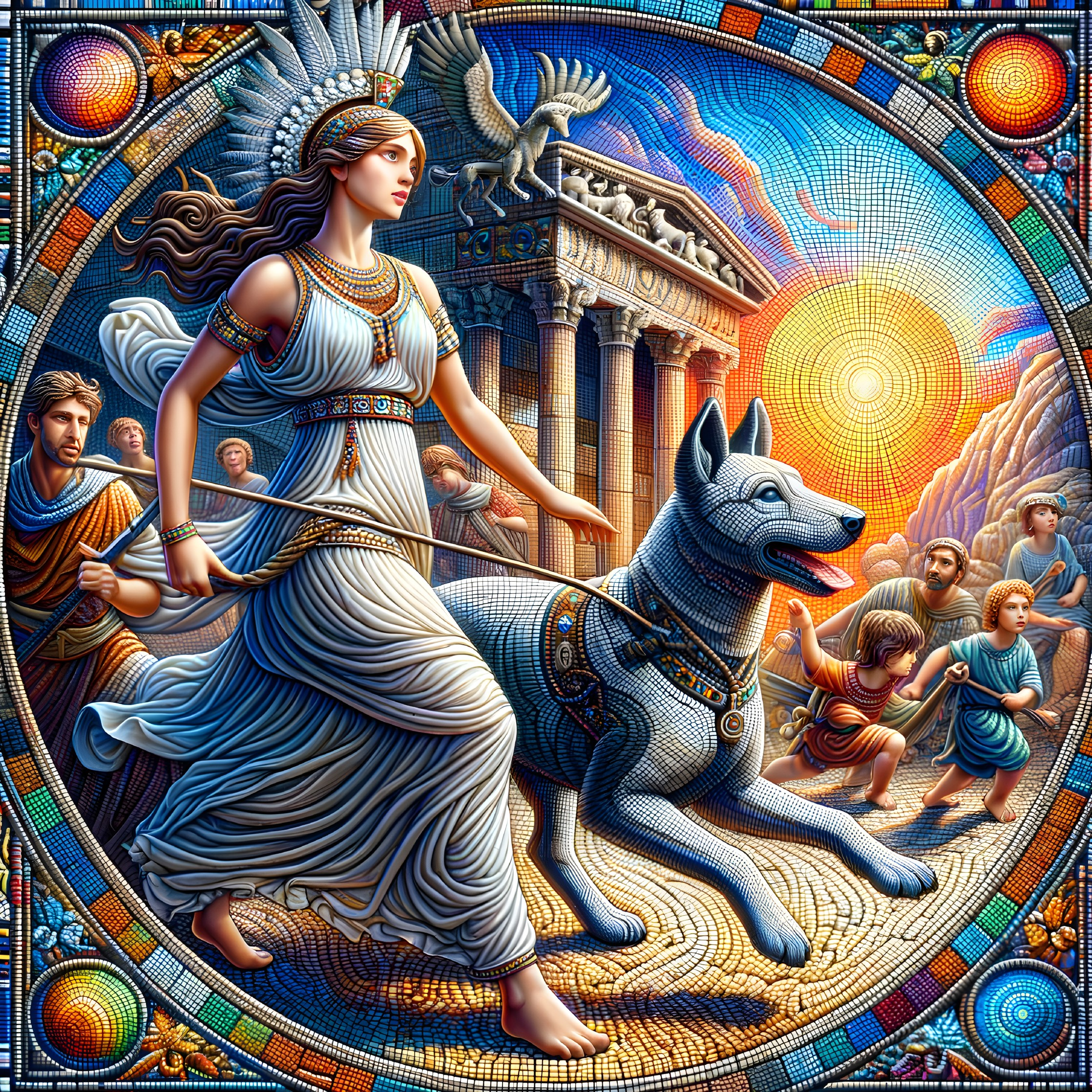 Colorful mosaic of regal woman and wolf in classical setting