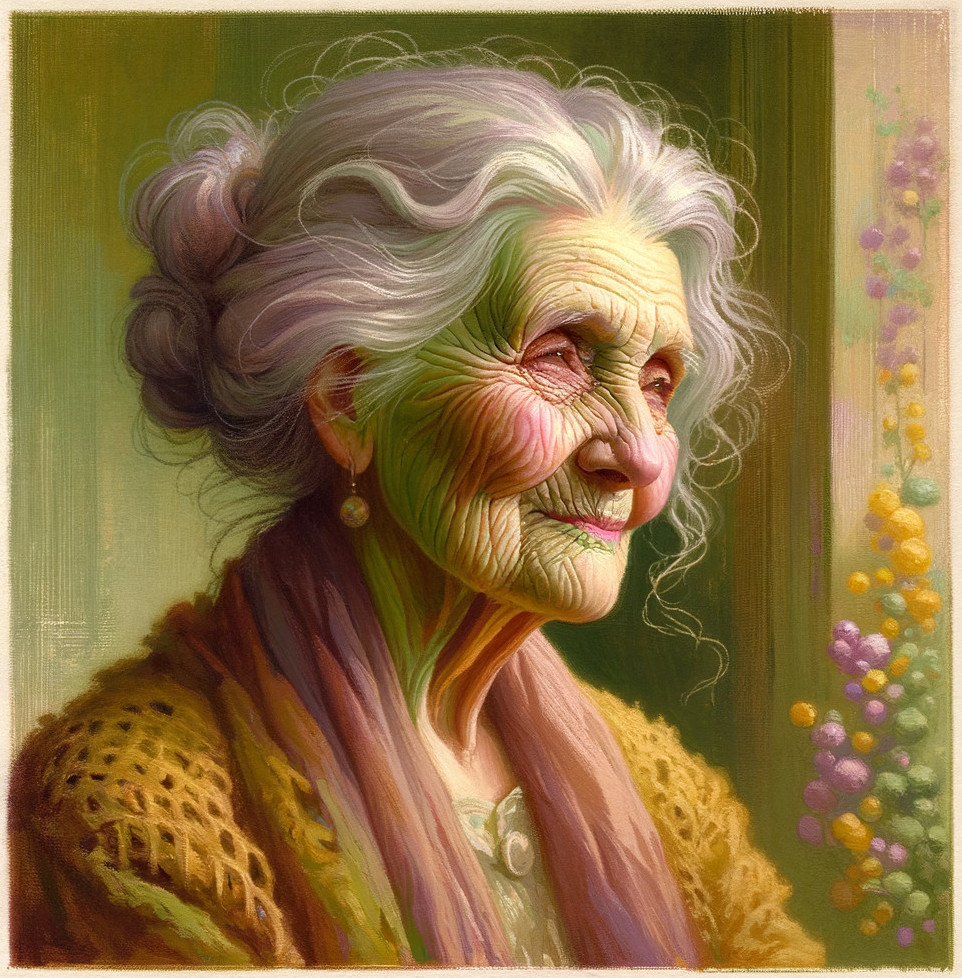 Elderly woman with white hair and gentle smile, wearing earrings and shawl, with floral backdrop
