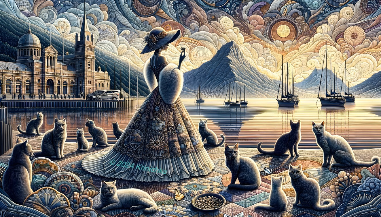 Elegant woman by lakeside with ornate buildings and cats under a sunburst.