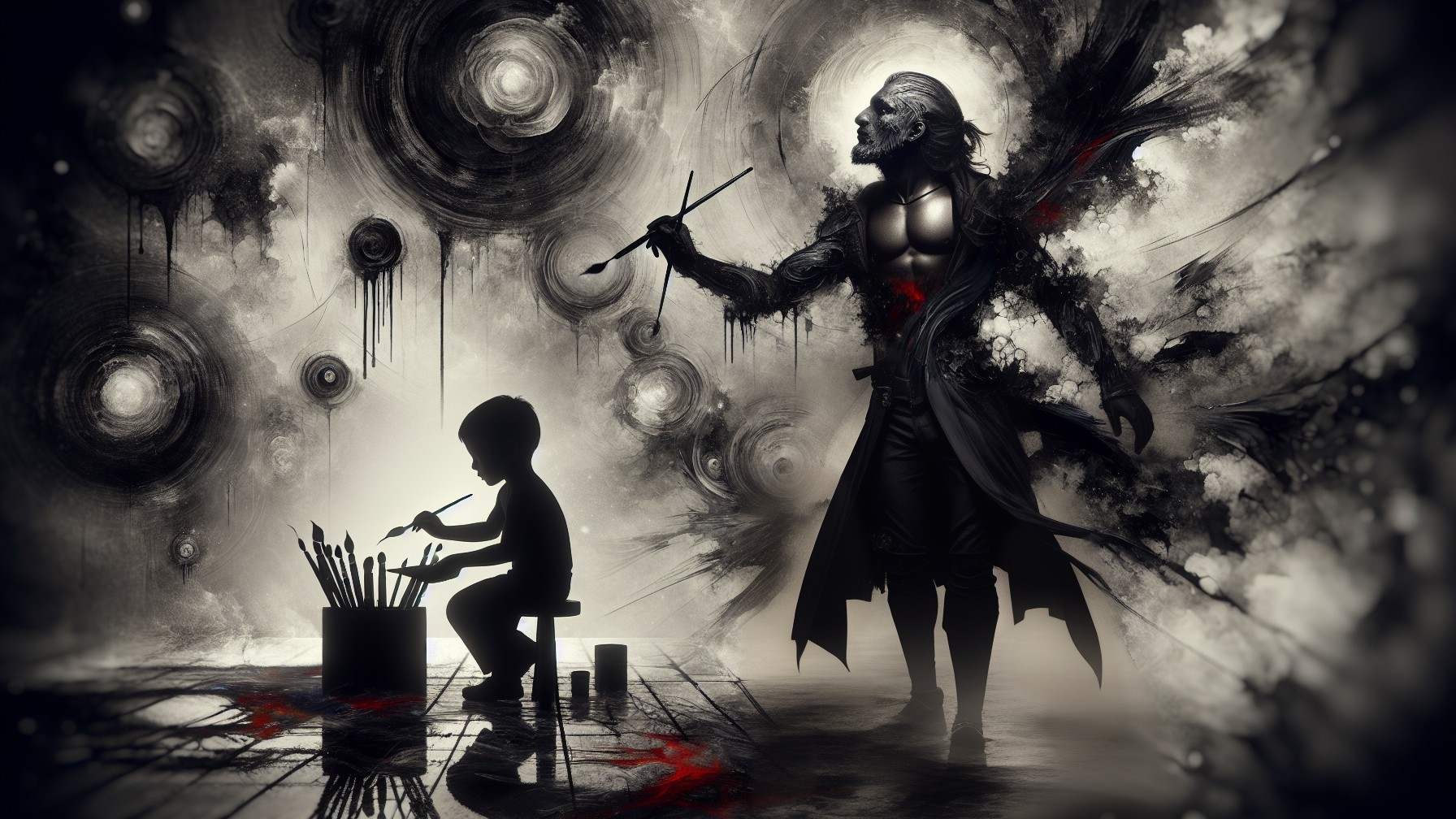 Child Painting in Monochrome with Shadowy Figure