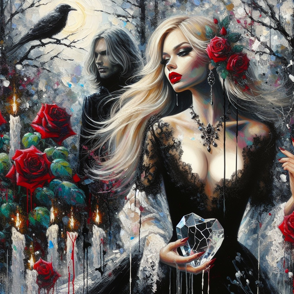 Gothic Artwork of Woman with Crystal Heart and Roses